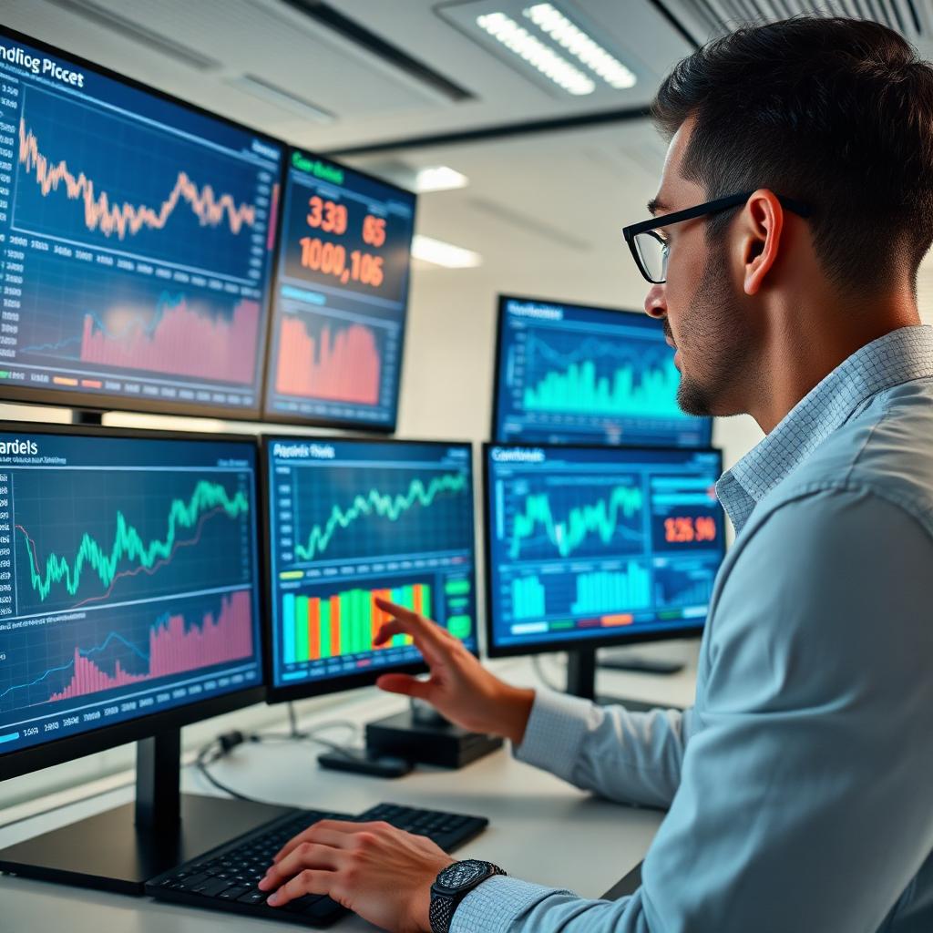 Business professional analyzing competitive intelligence data on multiple screens